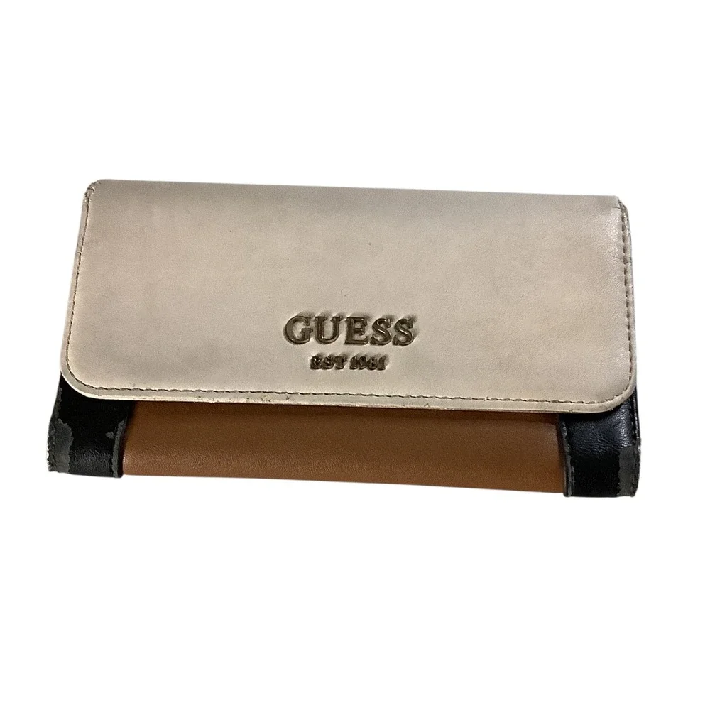 GUESS Tri-Fold Wallet Womens Tan Cream Black Colorblock Logo Faux Leather